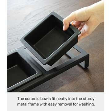 Yamazaki Home Tower Steel and Ceramic Pet Food Stand | 2 Bowls for Food and Water | Feeder for Small Cats and Dogs | Non-Slip - Short - 1.25 Cups, 300 Milliliters Per Bowl, Black