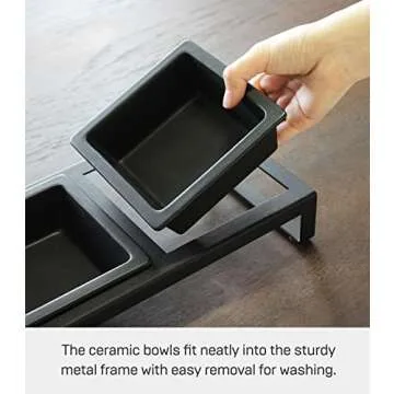 Yamazaki Home Tower Steel and Ceramic Pet Food Stand | 2 Bowls for Food and Water | Feeder for Small Cats and Dogs | Non-Slip - Short - 1.25 Cups, 300 Milliliters Per Bowl, Black