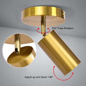 Zicbol Track Lighting Ceiling Spotlight, Gold Ceiling Light Fixture, Gu10 Ceiling Spotlights Indoor Angle Adjustment Modern Wall Lamp for Living Room, Gallery, Cabinet, Hallway, Bedroom 2 Packs