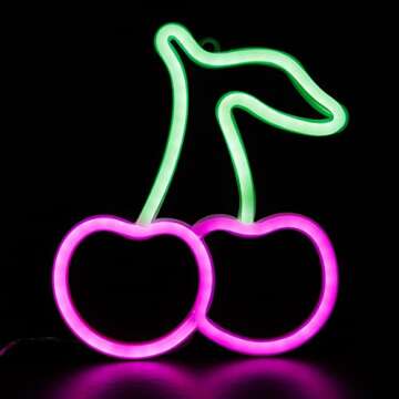Chi-buy Pink LED Neon Cherry Cute Neon Sign, USB or battery Powered Neon Signs Night Light, 3D Wall ...