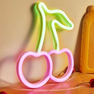 Chi-buy Pink LED Neon Cherry Cute Neon Sign, USB or battery Powered Neon Signs Night Light, 3D Wall Art & Game room Bedroom Living Room Decor lamp Holiday Gift for Children Kids Girls (Pink)