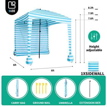 Funcode Beach Cabana Canopy, 6' x 6' Beach Sun Shelter with Carry Bag, UPF 50+ UV Protection,Portabl...