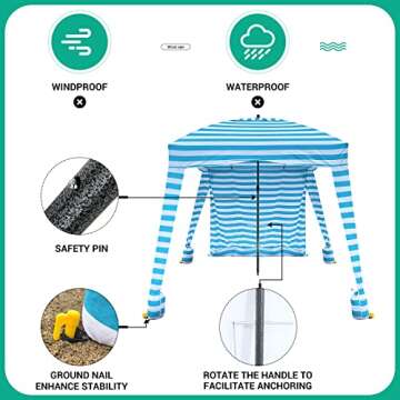 Funcode Beach Cabana Canopy, 6' x 6' Beach Sun Shelter with Carry Bag, UPF 50+ UV Protection,Portable,Waterproof,Included 1 Side Wall,for Camping Trips, Fishing, Backyard Fun or Picnics（White&Blue）.
