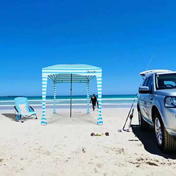 Funcode Beach Cabana Canopy, 6' x 6' Beach Sun Shelter with Carry Bag, UPF 50+ UV Protection,Portable,Waterproof,Included 1 Side Wall,for Camping Trips, Fishing, Backyard Fun or Picnics（White&Blue）.