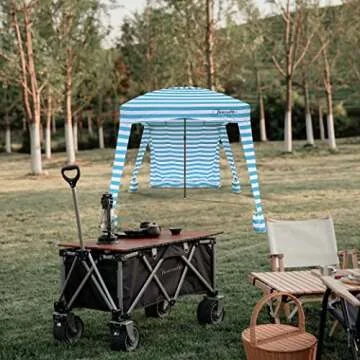 Funcode Beach Cabana Canopy, 6' x 6' Beach Sun Shelter with Carry Bag, UPF 50+ UV Protection,Portable,Waterproof,Included 1 Side Wall,for Camping Trips, Fishing, Backyard Fun or Picnics（White&Blue）.