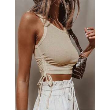 Artfish Women's Sleeveless Shirt Ribbed Fitted Scoop Neck Basic Crop Tank Top Cotton Drawstring Side...