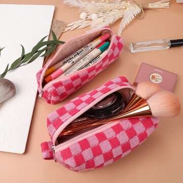 2Pcs Small Makeup Bag for Purse Checkered Cosmetic Bag Cute Makeup Pouch Pink Makeup Bag and Makeup Brushes Bag Y2K Aesthetic Accessories for Women Travel Storage Organizer Bag