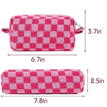 2Pcs Small Makeup Bag for Purse Checkered Cosmetic Bag Cute Makeup Pouch Pink Makeup Bag and Makeup Brushes Bag Y2K Aesthetic Accessories for Women Travel Storage Organizer Bag