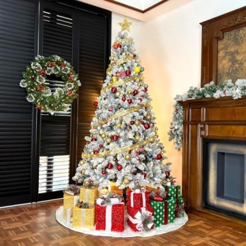 Hykolity 7.5 ft Snow Flocked Christmas Tree with 450 Lights and Pine Cones