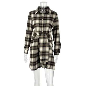 LuFeng Women's Casual Plaid Long Sleeve Lapel V Neck Tie Waist Front Button Down Mini Tunic Shirt Dress Coffee