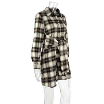 LuFeng Women's Casual Plaid Long Sleeve Lapel V Neck Tie Waist Front Button Down Mini Tunic Shirt Dress Coffee