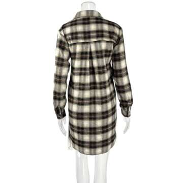 LuFeng Women's Casual Plaid Long Sleeve Lapel V Neck Tie Waist Front Button Down Mini Tunic Shirt Dress Coffee