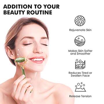 Jade Roller & Gua Sha Set, Venste Facial Beauty Roller Skin Care Tools, Natural Jade Stone Roller Massager for Face, Eyes, Neck Muscle Tension Relief and Lymphatic Drainage (Green)