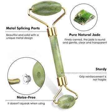 Jade Roller & Gua Sha Set, Venste Facial Beauty Roller Skin Care Tools, Natural Jade Stone Roller Massager for Face, Eyes, Neck Muscle Tension Relief and Lymphatic Drainage (Green)