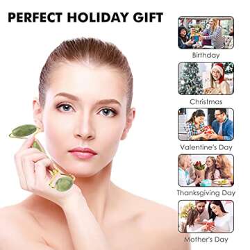 Jade Roller & Gua Sha Set, Venste Facial Beauty Roller Skin Care Tools, Natural Jade Stone Roller Massager for Face, Eyes, Neck Muscle Tension Relief and Lymphatic Drainage (Green)