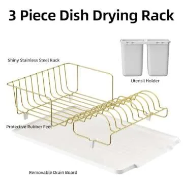 Buruis Dish Drying Rack, Gold Dish Drainer Organizer Includes Removable Drain Board and Utensil Holder, Large Capacity Stainless Steel Dish Racks for Kitchen (White)