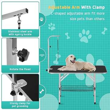 Polar Aurora 46'' Dog Grooming Table, Heavy Duty Pet Grooming Table for Dogs at Home Foldable Grooming Table w/Adjustable Arm & Noose & Mesh Tray Professional Dog Show Stainless Steel Black