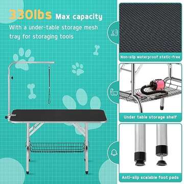 Polar Aurora 46'' Dog Grooming Table, Heavy Duty Pet Grooming Table for Dogs at Home Foldable Grooming Table w/Adjustable Arm & Noose & Mesh Tray Professional Dog Show Stainless Steel Black