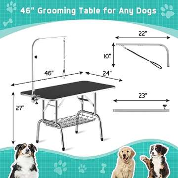 Polar Aurora 46'' Dog Grooming Table, Heavy Duty Pet Grooming Table for Dogs at Home Foldable Grooming Table w/Adjustable Arm & Noose & Mesh Tray Professional Dog Show Stainless Steel Black