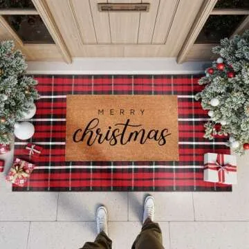 KIMODE Christmas Door Mat Outdoor 24"X51",Red/Black Buffalo Plaid Rug,Washable Cotton Hand-Woven Layered Door Mats,Reversible Outdoor Christmas Decor for Front Porch,Entryway,Kitchen