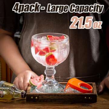 Claplante Schooner Beer Glasses, 21.5 Oz Extra Large Margarita Glass Set of 4 With 4 Color Clips, Sh...