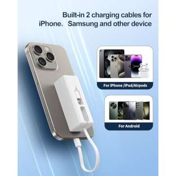 Mini Portable Charger Small Power Bank 5000mAh Battery Pack with Built-in USB C and LT Cables Ultra Compact Portable Charger for iPhone 15 14 13 12 11 Pro Max Samsung Galaxy Android and More(White)