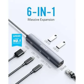 Anker 6-in-1 USB C Hub with 65W Power Delivery, 4K HDMI, 1Gbps Ethernet, USB Ports for MacBook Air, ...