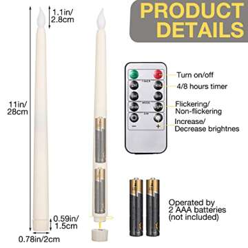 24 Pack Valentines Flameless Flicker Taper Candles with Remote and Timer, Ivory LED Taper Candles Bu...