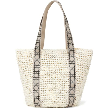 Large Beach Straw Bags For Women: White Tote Handbags Shoulder Purse With ColorBlock Design For Summ...