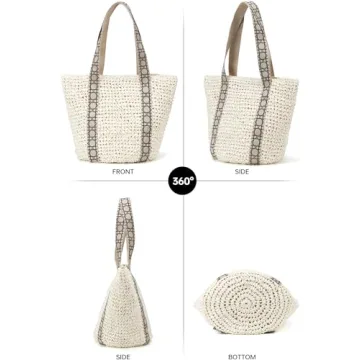 Large Beach Straw Bags For Women: White Tote Handbags Shoulder Purse With ColorBlock Design For Summer Vacation