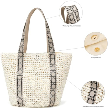 Large Beach Straw Bags For Women: White Tote Handbags Shoulder Purse With ColorBlock Design For Summer Vacation
