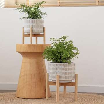 LA JOLIE MUSE Ceramic Plant Pot with Wood Stand - 7.3 Inch Modern Round Decorative Flower Pot Indoor with Wood Planter Holder, Beige and White