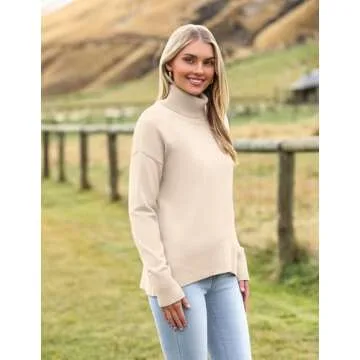 Zeagoo Women's Turtleneck Sweater 2024 Fall Winter Chunky Knitted Pullover High Low Hem Trendy Basic Jumper Top Beige