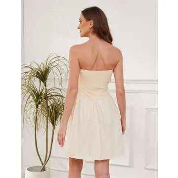 OLAPTA Women Strapless Tube Top Mini Dress Off Shoulder Sleeveless Casual Summer Patchwork Drop-Waist A-line Short Dresses(Large,Apricot)