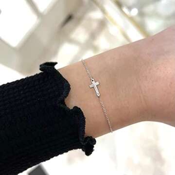 Tewiky Silver Cross Bracelet for Women Dainty Tiny Charms Sideways Delicate Cross Jewelry Cute Confi...