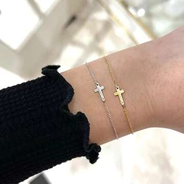 Tewiky Silver Cross Bracelet for Women Dainty Tiny Charms Sideways Delicate Cross Jewelry Cute Confirmation Gifts for Women
