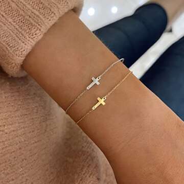 Tewiky Silver Cross Bracelet for Women Dainty Tiny Charms Sideways Delicate Cross Jewelry Cute Confirmation Gifts for Women