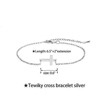 Tewiky Silver Cross Bracelet for Women Dainty Tiny Charms Sideways Delicate Cross Jewelry Cute Confirmation Gifts for Women