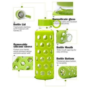 DOUYING Pyrex Glass Bottle with Silicone Sleeve 12 OZ & Stainless Steel Lid, Modern Drinking Reusable Travel Bottles, Juicing Containers, Leak-Proof Water/Beverage Bottles (Off White)