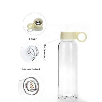 DOUYING Pyrex Glass Bottle with Silicone Sleeve 12 OZ & Stainless Steel Lid, Modern Drinking Reusable Travel Bottles, Juicing Containers, Leak-Proof Water/Beverage Bottles (Off White)