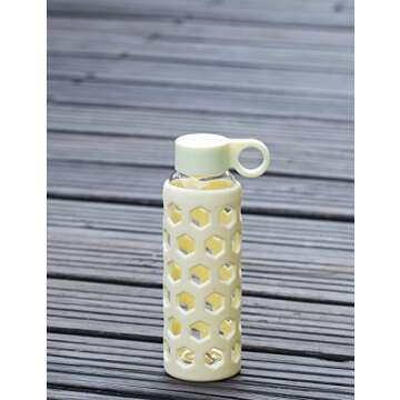 DOUYING Pyrex Glass Bottle with Silicone Sleeve 12 OZ & Stainless Steel Lid, Modern Drinking Reusable Travel Bottles, Juicing Containers, Leak-Proof Water/Beverage Bottles (Off White)