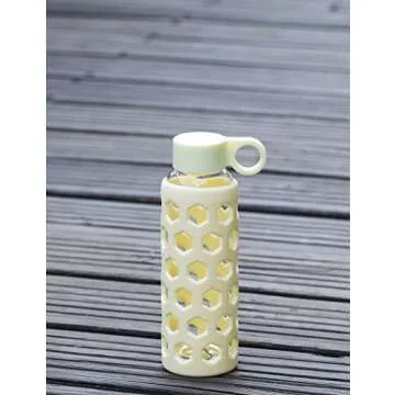 DOUYING Pyrex Glass Bottle with Silicone Sleeve 12 OZ & Stainless Steel Lid, Modern Drinking Reusable Travel Bottles, Juicing Containers, Leak-Proof Water/Beverage Bottles (Off White)