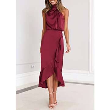 KIRUNDO Womens 2025 Summer Satin Mock Neck Wedding Guest Party Cocktail Midi Dress Sleeveless Wrap R...