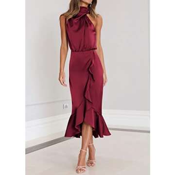 KIRUNDO Womens 2025 Summer Satin Mock Neck Wedding Guest Party Cocktail Midi Dress Sleeveless Wrap Ruffle Formal Dresses(Wine Red, Medium)