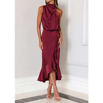 KIRUNDO Womens 2025 Summer Satin Mock Neck Wedding Guest Party Cocktail Midi Dress Sleeveless Wrap Ruffle Formal Dresses(Wine Red, Medium)