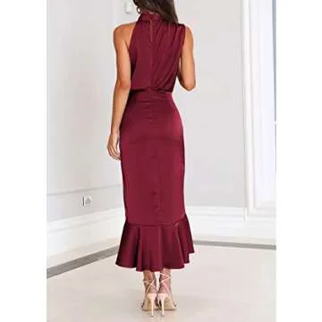 KIRUNDO Womens 2025 Summer Satin Mock Neck Wedding Guest Party Cocktail Midi Dress Sleeveless Wrap Ruffle Formal Dresses(Wine Red, Medium)