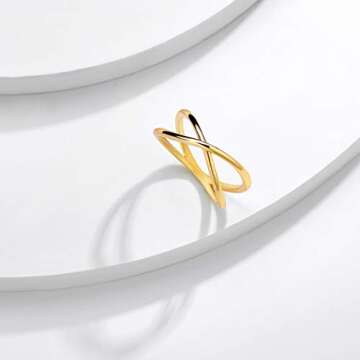 Valloey Rover Womens 14k Gold Starking Rings,Double X Criss Cross Open Bar Double Bar Parallel Cuff Half Circle Infinity Adjustable Ring Engagement Wedding Lady Band