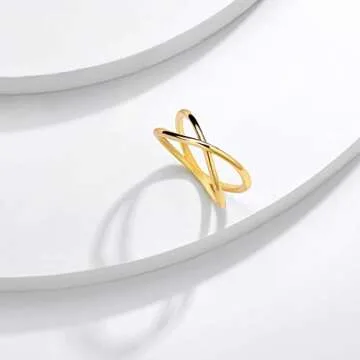 Valloey Rover Womens 14k Gold Starking Rings,Double X Criss Cross Open Bar Double Bar Parallel Cuff Half Circle Infinity Adjustable Ring Engagement Wedding Lady Band