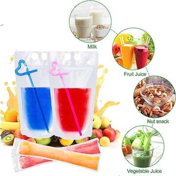 50Pcs double zip pouches drink Bags with 20 Straws,&30 Popsicle Bags Heavy-duty Handheld Foldable Ice Beverage Bags for Smoothies, Cold & Hot Drinks