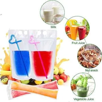 50Pcs double zip pouches drink Bags with 20 Straws,&30 Popsicle Bags Heavy-duty Handheld Foldable Ice Beverage Bags for Smoothies, Cold & Hot Drinks